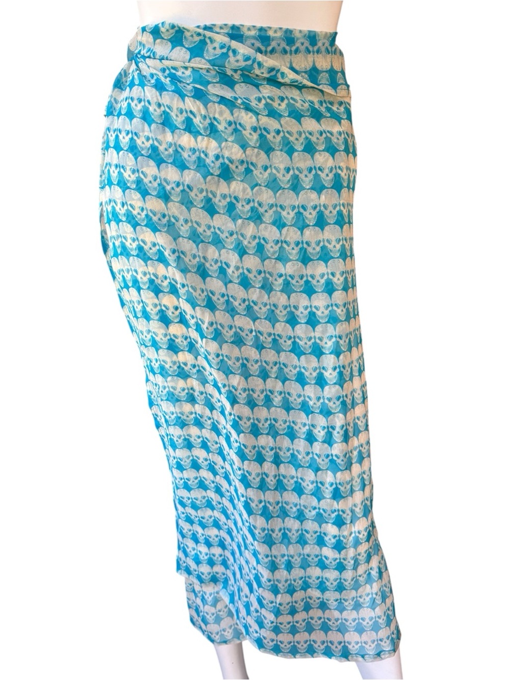 Handmade Turquoise Skull-Print silk chiffon Swim Cover-Up, Sarong, Scarf, Dress